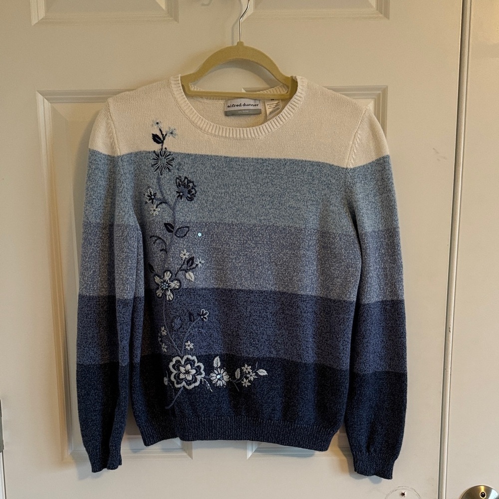 Alfred Dunner Cotton Blend Sweater Blue Colorblock Stripes Floral Embroidery MP